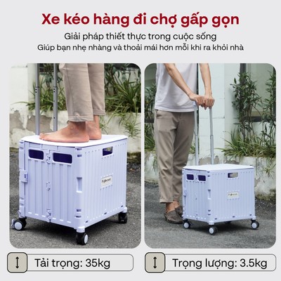 Xe kéo đi chợ gấp gọn FUJIHOME PT- 45F tải trọng 35kg, có khóa bánh xe, chất liệu nhựa pp cao cấp