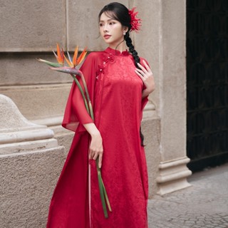  DARLING.ISM - Áo dài dáng suông Xuân Ý Viên vải gấm hoa phối tơ màu đỏ   không kèm quần  