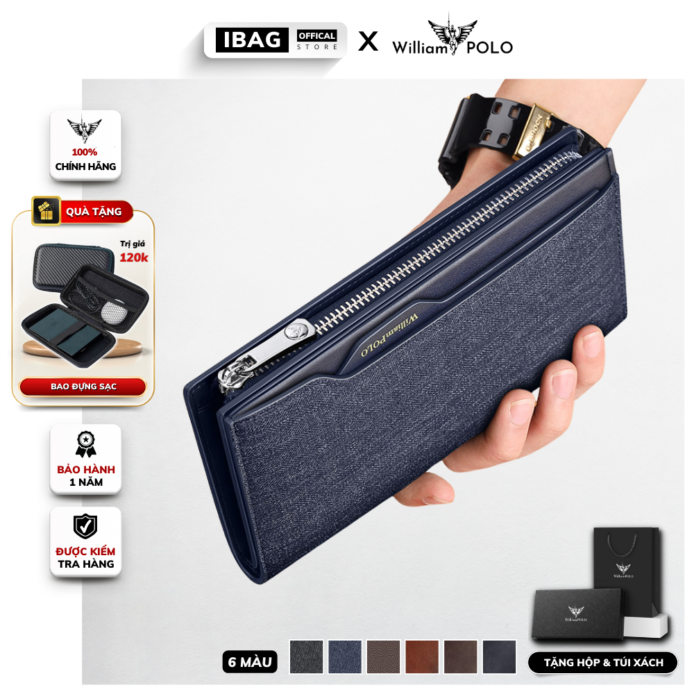 Ví Dài Nam,Ví Nam Cầm Tay Cao Cấp William POLO,Chất liệu Da Bò thật ,Full hộp đựng -Thiết kế nhiều ngăn,Chống nước- 𝑰𝑩𝑨𝑮