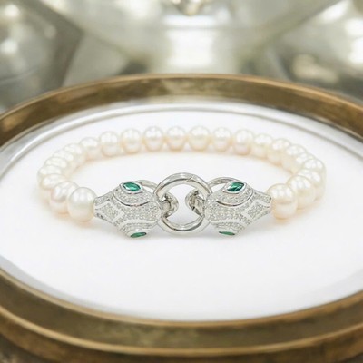 Vòng Tay Ngọc Trai 7ly Khoá Bạc 925 Hình Rắn Đính Đá Xanh - Ngọc Trai Trường Thịnh