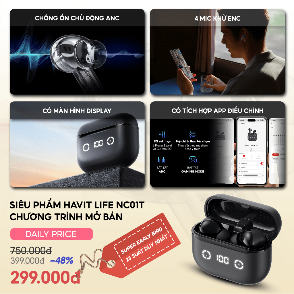 Tai Nghe TWS HAVIT LIFE NC01T TW984, BT 5.4, 4 Mic ENC + ANC Hỗ Trợ Đàm Thoại, Độ Trễ 55ms, Có App Kết Nối - Chính Hãng | BigBuy360 - bigbuy360.vn