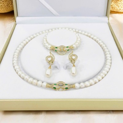 Bộ Trang Sức Ngọc Trai 7ly Khoá Hình Rắn Đính Đá 3 Món - Ngọc Trai Trường Thịnh