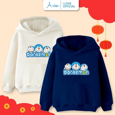 Áo hoodie AORE mèo máy DORAEMON, áo dài tay phối túi chất nỉ da cá mềm mịn, co giãn dành cho bé trai bé gái 10-35kg
