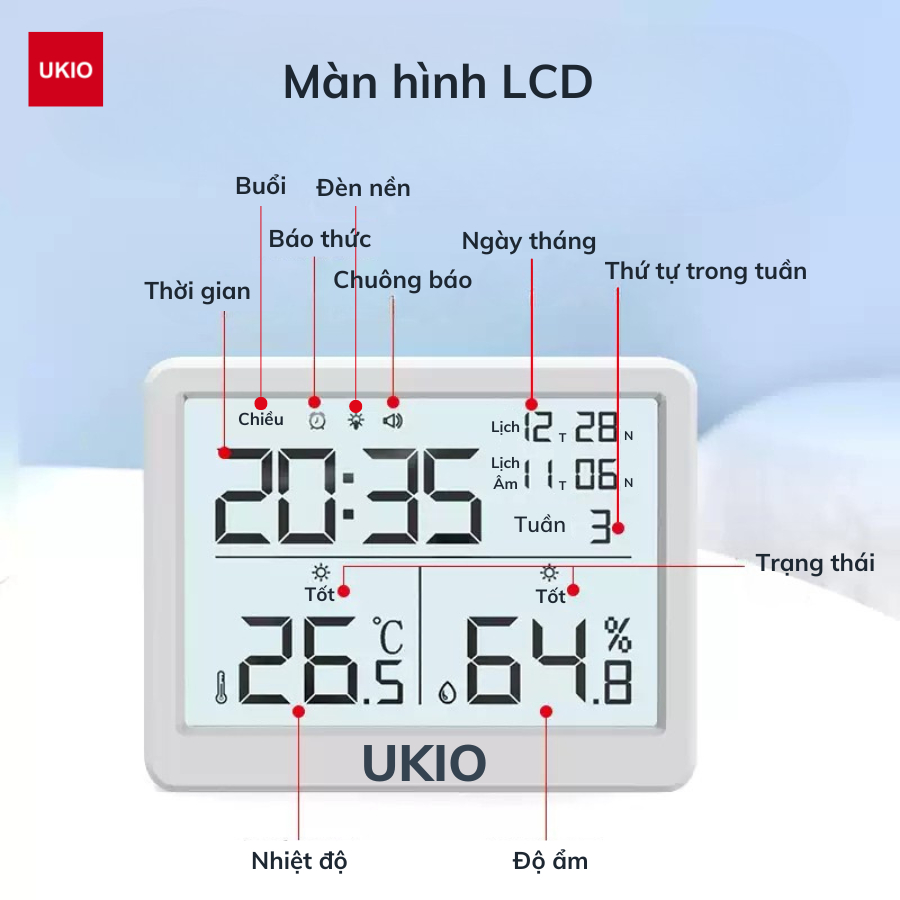 Nhiệt kế đo nhiệt độ, độ ẩm phòng UKIO đèn nền cảm biến thông minh, báo thức, đo trạng thái cho bé | BigBuy360 - bigbuy360.vn