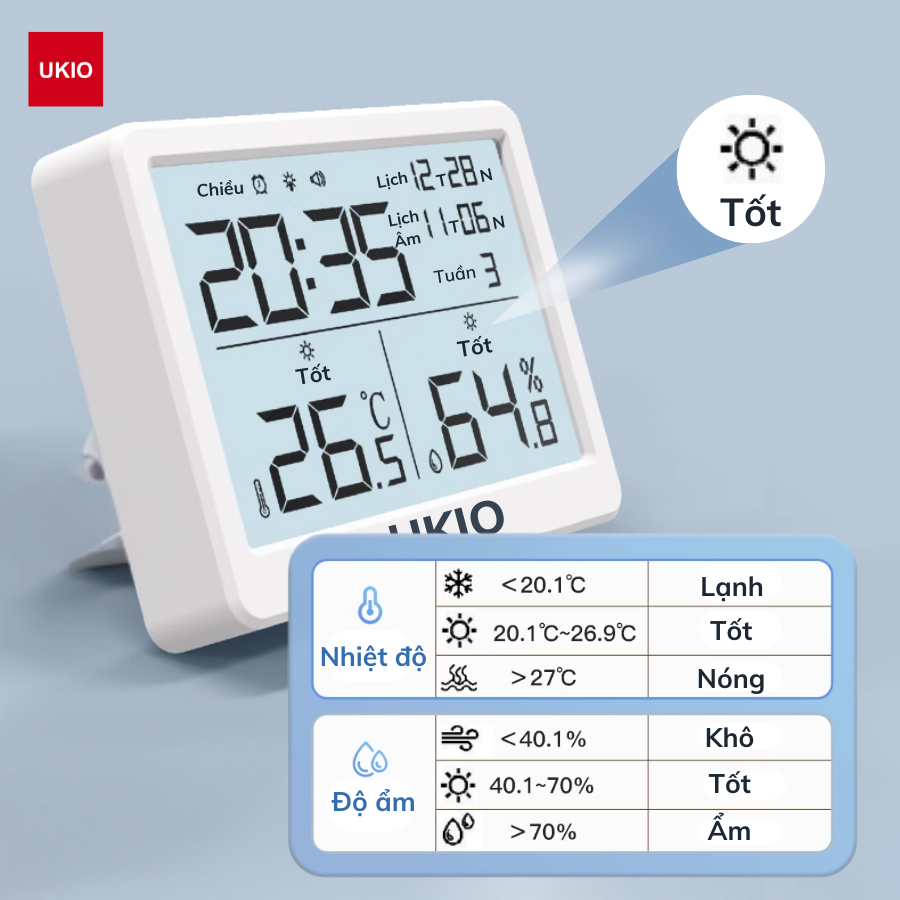 Nhiệt kế đo nhiệt độ, độ ẩm phòng UKIO đèn nền cảm biến thông minh, báo thức, đo trạng thái cho bé | BigBuy360 - bigbuy360.vn
