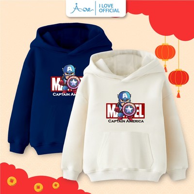 Áo hoodie AORE siêu nhân CAPTAIN AMERICA, Áo nỉ dài tay phối túi có mũ chất mềm mịn cho bé mặc đi học đi chơi 10-35kg