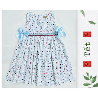 Đầm/ Váy Smock (Xích móc) Poesie House may thủ công, hoạ tiết cá voi sát nách dành cho bé gái, Vải Cotton