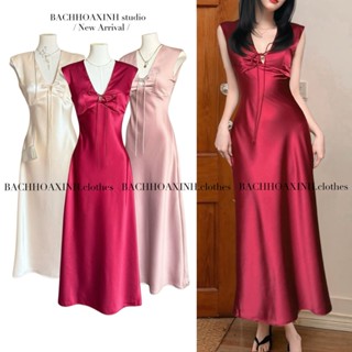 SẴN MÚT | Váy lụa cổ V cột dây không tay form dài basic sang trọng