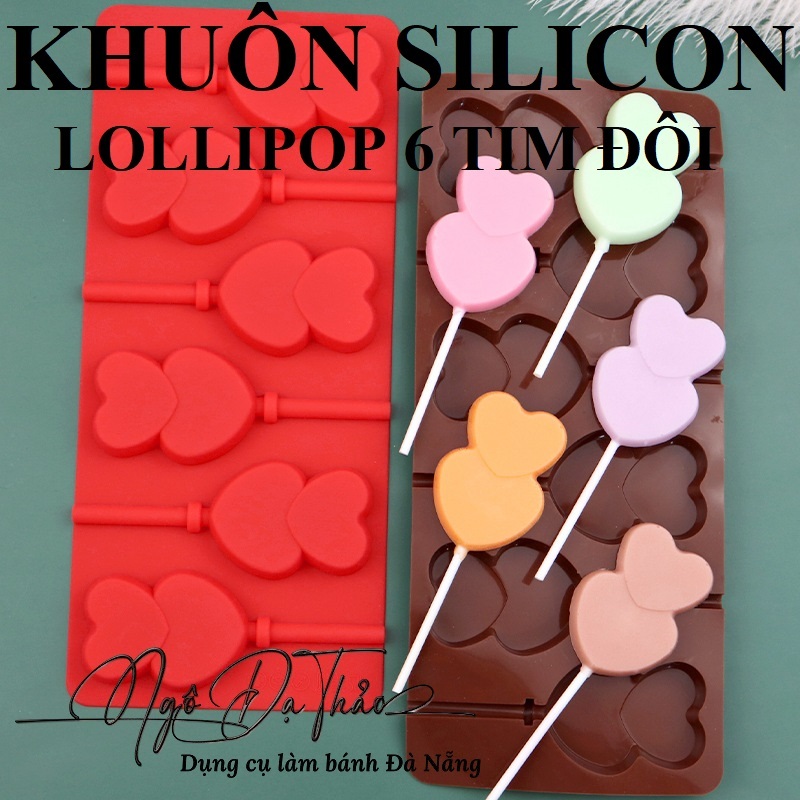 AKSHOPDANANG 2501.302 - Khuôn silicone kẹo mút lollipop 6 tim đôi