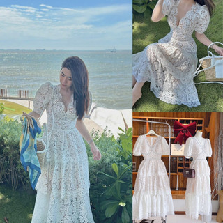 Đầm Maxi tay bồng cổ vuông kèm chocker hoa