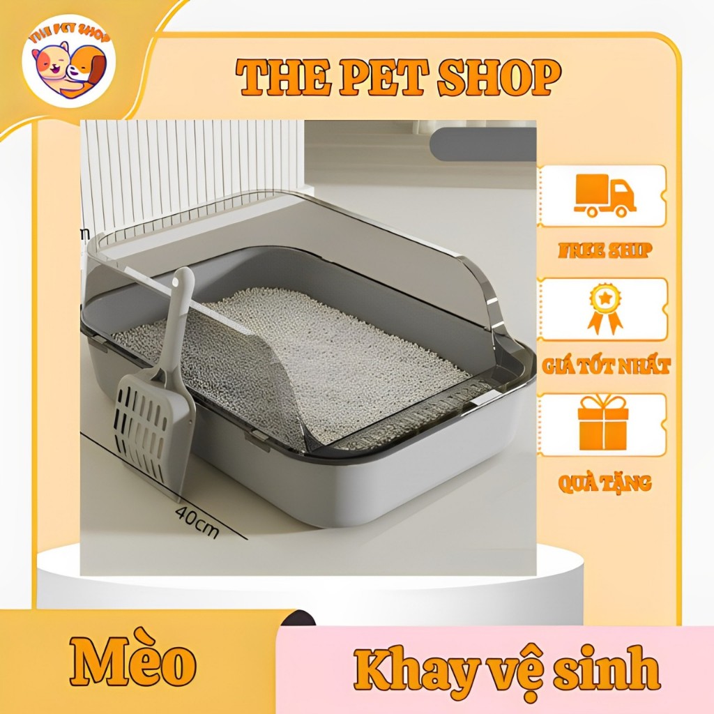 Khay vệ sinh cho mèo The Pet Shop, kích thước lớn, thành cao, chống văng cát, tặng kèm xẻng