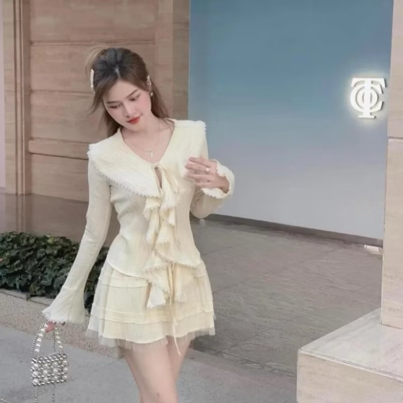 Sét Váy Đũi Gân Bèo Ren Áo Bánh Bèo + Chân Váy Xòe | BigBuy360 - bigbuy360.vn