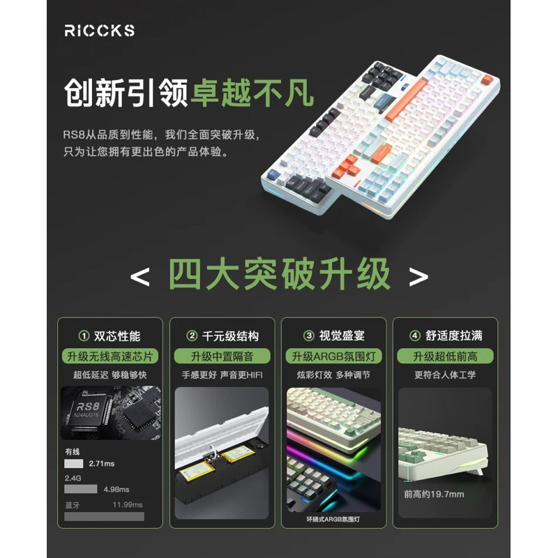 Bàn Phím Cơ Không Dây Riccks RS8 V2 - 3 Mode | Mạch Xuôi | Led RGB+Led viền | Full Foam,Full Mod | QMK-VIA | BigBuy360 - bigbuy360.vn