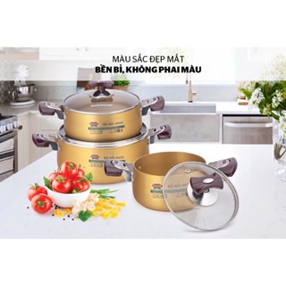 BỘ 3 NỒI Nhôm ANOD SUNHOUSE Model SH6634 Vàng Đồng Quốc Dân Chất Lượng - Hàng VNXK