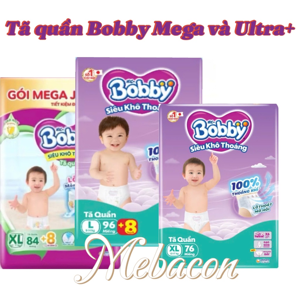 Tã quần Bobby Mega Ultra+ M112/96, L96/88, XL84/76, XXL76/70 Gạo non