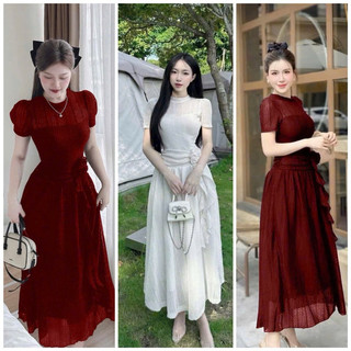 Đầm xòe dự tiệc ren hoa tay dài cổ tròn siêu hot
