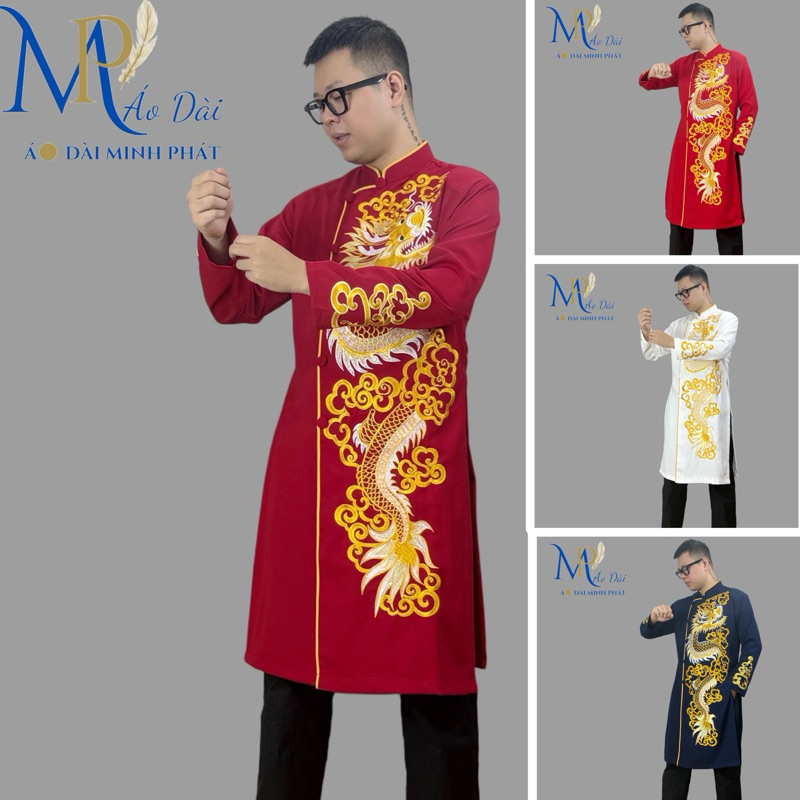 Áo dài nam cách tân Minh Phát vải Tuyết mưa cao cấp họa tiết thêu Rồng, mặc lế tết, sự kiện MPT1001