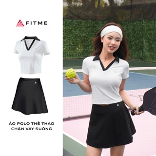 Bộ đồ chơi Pickleball, cầu lông, tennis nữ Fitme áo polo thể thao Trắng cổ Đen, chân váy suông Đen có sẵn quần bảo hộ