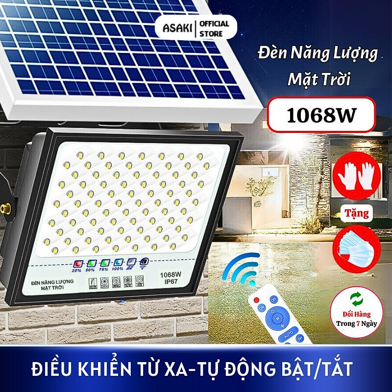 Đèn Năng Lượng Mặt Trời 1068W Asaki  Sáng Suốt Đêm Kèm Điều Khiển Từ Xa Tiết Kiệm Điện Lắp Sân Vườn