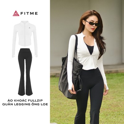 Bộ đồ tập gym yoga Fitme Cover23 áo khoác fullzip Trắng, quần ống loe Đen ôm body tôn dáng