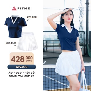 Bộ đồ Pickleball, cầu lông, tennis nữ Fitme áo polo thể thao Xanh Navy cổ Trắng, chân váy xếp ly Trắng có sẵn quần