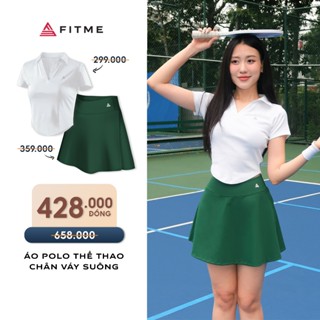 Bộ đồ Pickleball, cầu lông, tennis nữ Fitme áo polo Trắng, chân váy suông Wimbledon Green có quần bảo hộ