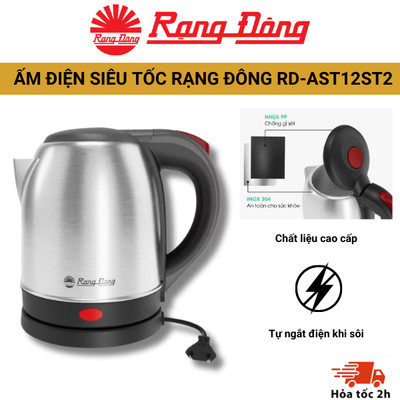 Ấm điện siêu tốc Rạng Đông 1,2 lít RD-AST12ST2 1500W- 50Hz Thân inox 304 và nhựa PP an toàn thực phẩm cho người sử dụng