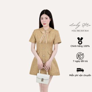 Váy kiểu nữ chất dạ tweed kim tuyến phối cổ sen, váy liền thân chữ A tiểu thư Linly Store V-VD7