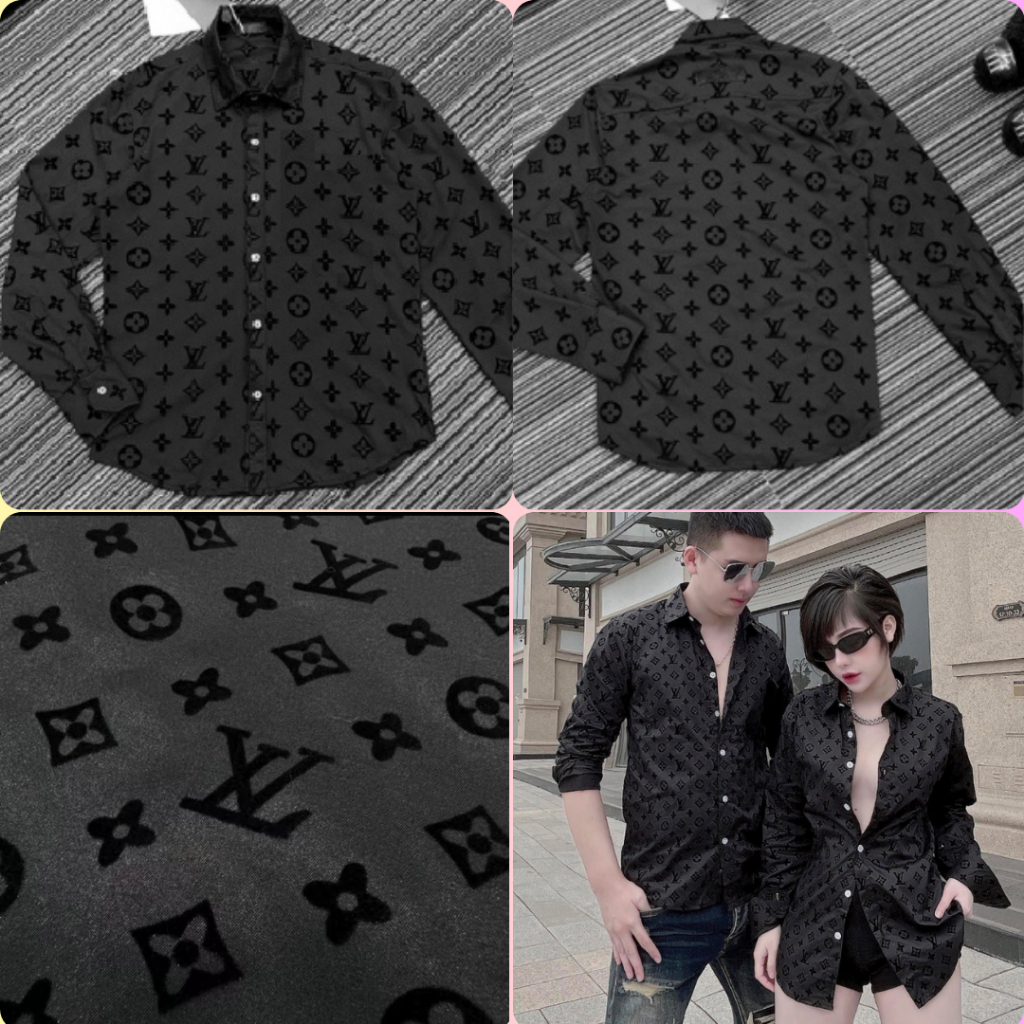 Áo Sơ Mi Màu Đen Dài Tay Nam Nữ Họa Tiết Logo LV Cực Đẹp, Áo Sơ Mi Nam Nữ Vải Lụa Mềm Mịn Hottrend 2
