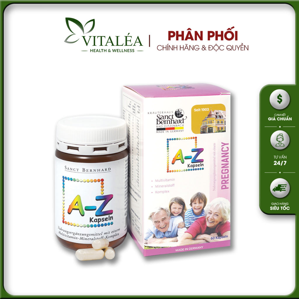  Viên uống Vitamin tổng hợp A-Z Kapseln bổ sung 24 Vitamin C Kẽm E tăng cường sức khỏe  Hộp 60 Viên  