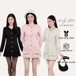  Váy dạ tweed dệt kim tuyến dài tay  đầm kiểu nữ dáng ngắn tiểu thư cổ tròn phối nơ Linly Store V-VD6 