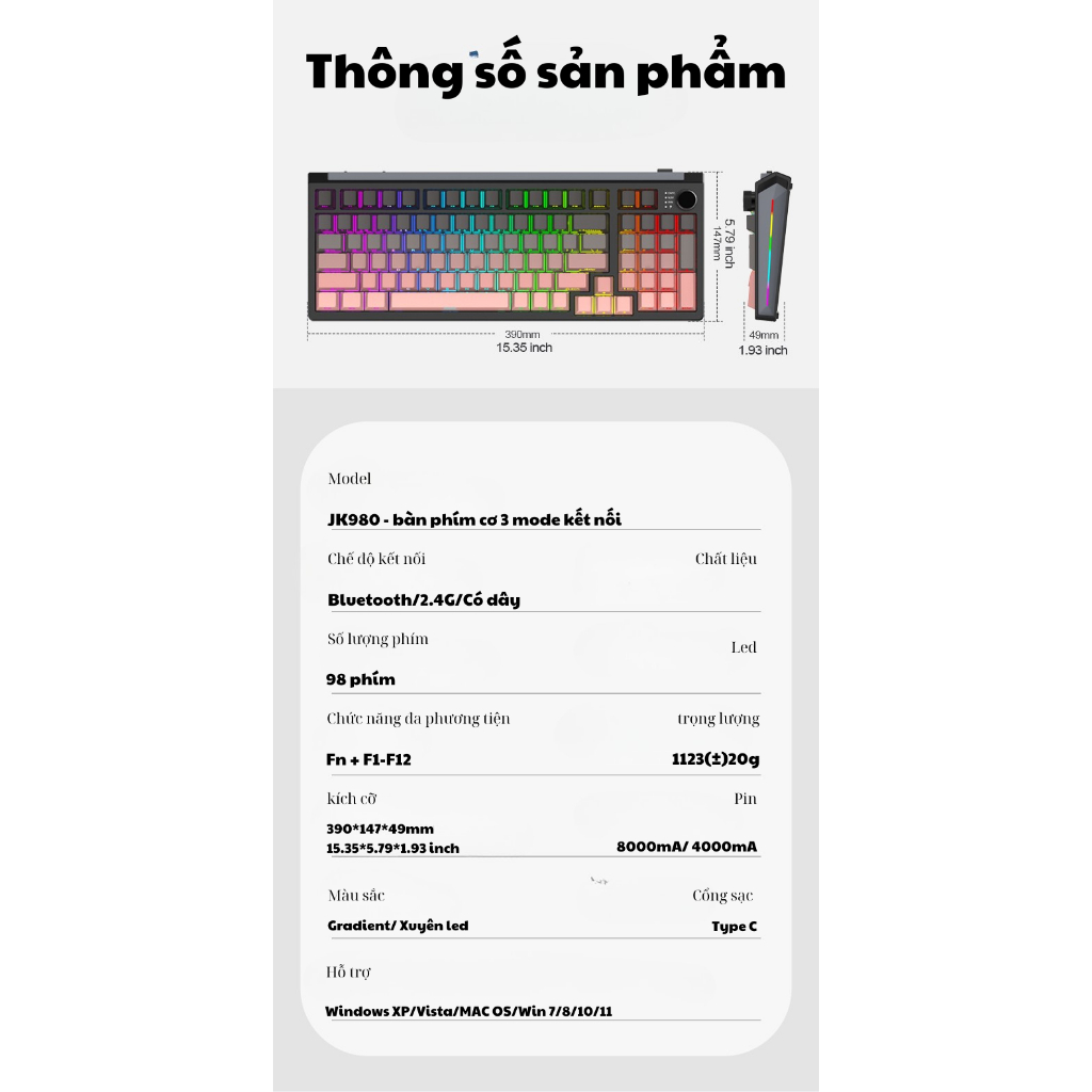 Bàn phím cơ Fullsize không dây JK980  - 3 mode kết nối - Cấu trúc gasket mount - Led RGB - App marco | BigBuy360 - bigbuy360.vn