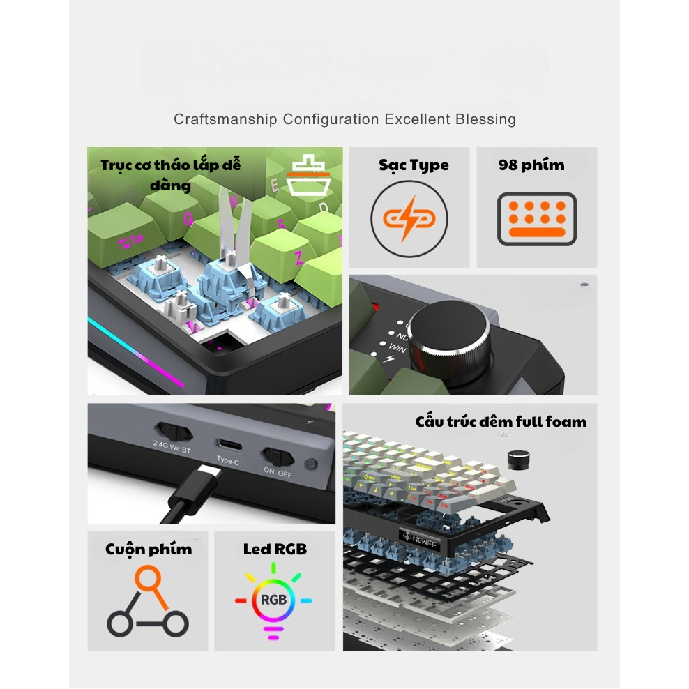 Bàn phím cơ Fullsize không dây JK980  - 3 mode kết nối - Cấu trúc gasket mount - Led RGB - App marco | BigBuy360 - bigbuy360.vn