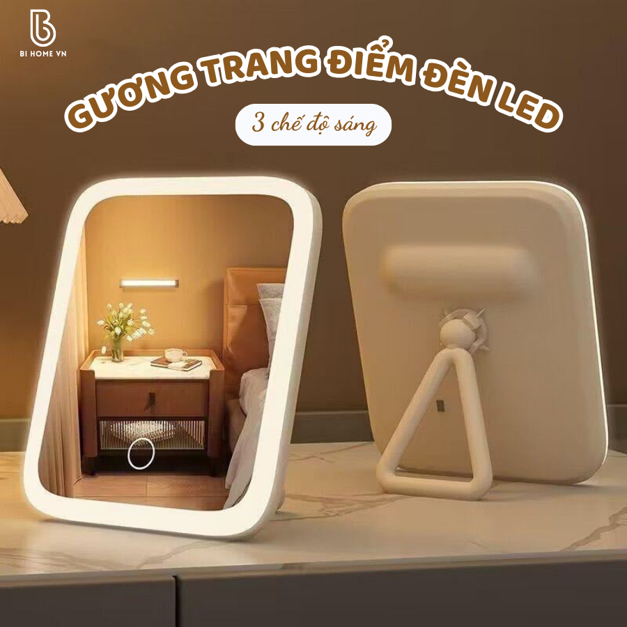 Gương Trang Điểm Đèn Led Cảm Ứng Để Bàn 3 Chế Độ Sáng Cổng Sạc USB Xoay 360 Độ Thông Minh Bihome