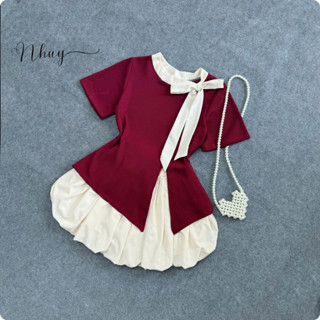  Set váy  bigsize nữ áo tay ngắn cổ thắt nơ tà xẻ chất ruby kèm chân váy bí chất lụa xoa mềm mịn - SET935 