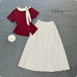 Set áo váy bigsize nữ, áo tay ngắn cổ thắt nơ cách điệu phối cùng chân váy maxi lụa mềm mịn - SET848