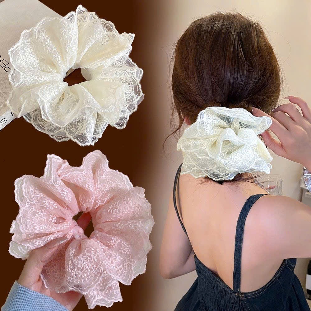 Cột tóc Scrunchies Phối Ren nhiều lớp cỡ lớn  dễ thương sang trọng retro,buộc tóc to phồng ren trắng nơ cao cấp RENMOI