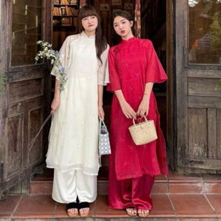  Set áo dài truyền thống 4 tà họa tiết in hoa nổi Maian cổ tàu chất voan tơ mềm mại đính nơ kèm quần lụa mặc lễ tết S5417 