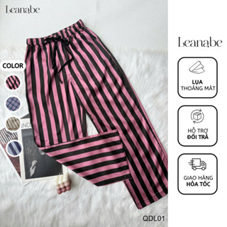 Quần lụa ống rộng sọc caro hồng đen chất liệu lụa, thoáng mát, phù hợp mặc nhà,đi chơi Leanabe Homewear QDL