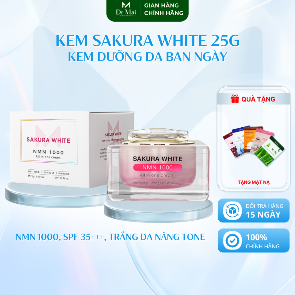 Kem dưỡng trắng da chống nắng hoa anh đào Sakura White NMN 1000, dưỡng da trắng sáng, ngăn lão hóa |