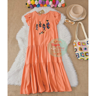 Đầm maxi nhún tầng thêu cá