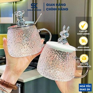  Cốc Thuỷ Tinh Tặng Kèm Nắp Gấu Thìa Cute 400ml Ly Cà Phê Có Nắp Hình Gấu Và Ống Hút Phong Cách Bắc Âu 