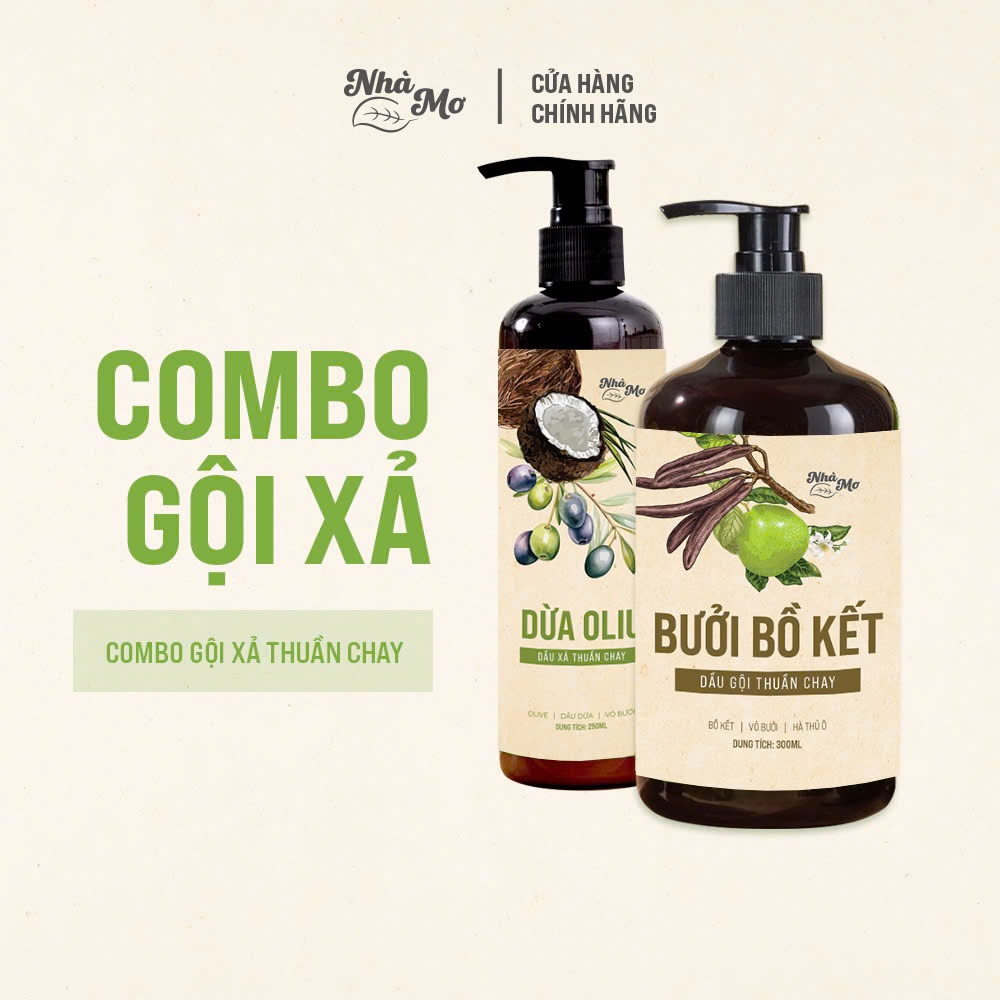 Cặp gội xả, dầu gội Bưởi Bồ Kết - Dầu xả thiên nhiên dừa oliu thuần chay kích mọc tóc Nhà Mơ