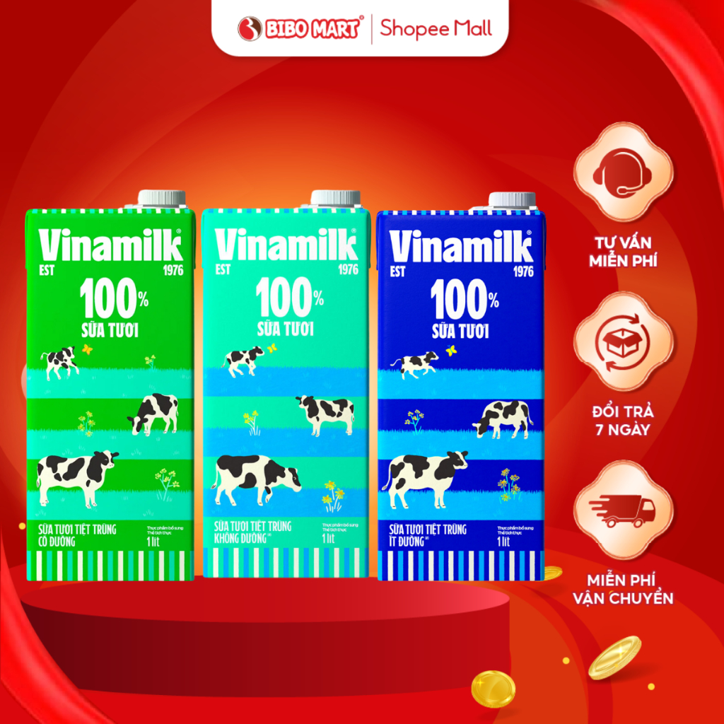  Sữa Tươi Tiệt Trùng Vinamilk Có Đường Không Đường Ít Đường Giúp Bé Cao Lớn Khỏe Mạnh Hộp 1 Lít - Bibomart 