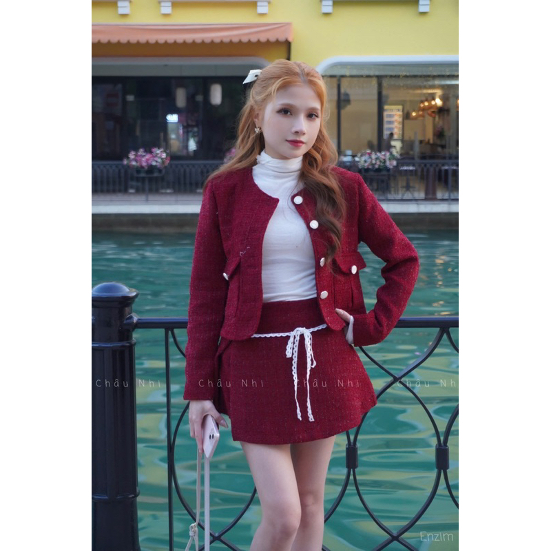 Set dạ ren nơ ENZIM ,chân váy chữ A ,cổ tròn ,dài tay