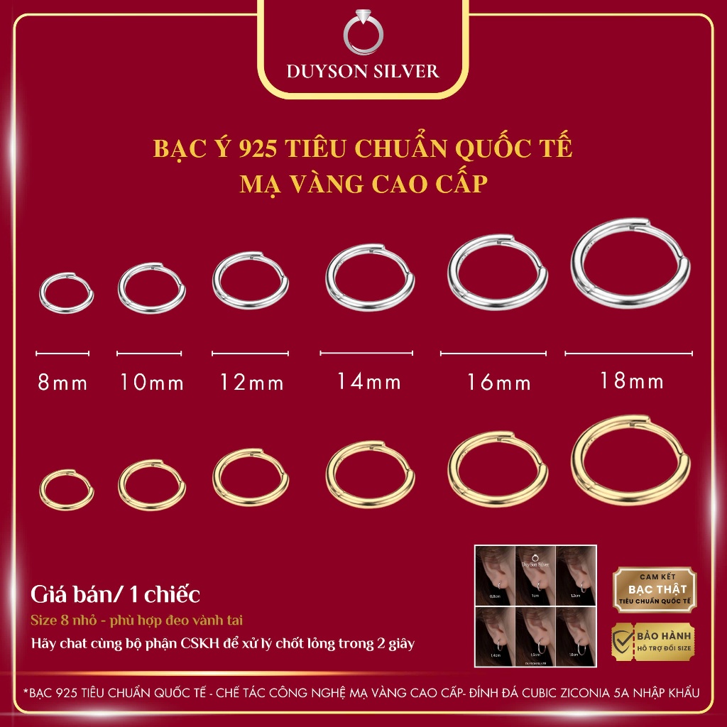 Khuyên tai bạc tròn trơn chốt bấm nam nữ Duyson Silver, Bông tai bạc Ý 925 mạ vàng nhiều kích cỡ