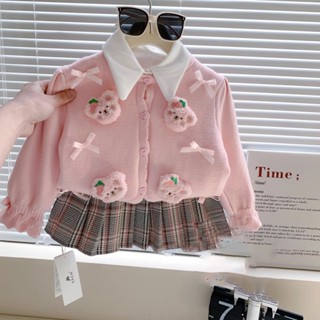 Áo Khoác Trẻ Em Áo Choàng Cardigan Áo Len Dệt Kim cotton Cổ Tròn Đính Gấu Dâu Áo Khoác Chống Nắng Tay Dài Cho Bé Gái