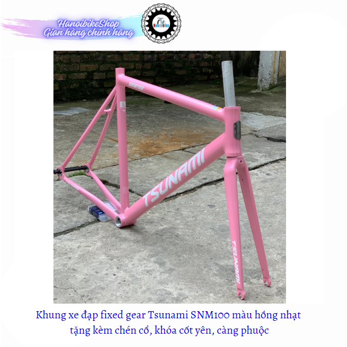 Khung xe đạp fixed gear Tsunami SNM100 màu hồng nhạt tặng kèm chén cổ, khóa cốt yên, càng phuộc