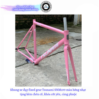 Khung xe đạp fixed gear Tsunami SNM100 màu hồng nhạt tặng kèm chén cổ, khóa cốt yên, càng phuộc