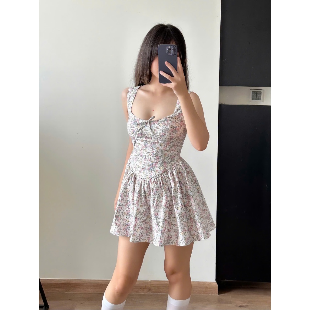 Đầm Nữ Hai Dây Bản To Cổ Vuông Chiết Eo Form Ngắn Mini Dịu Dàng HỌA TIẾT HOA MÙA HÈ. | BigBuy360 - bigbuy360.vn